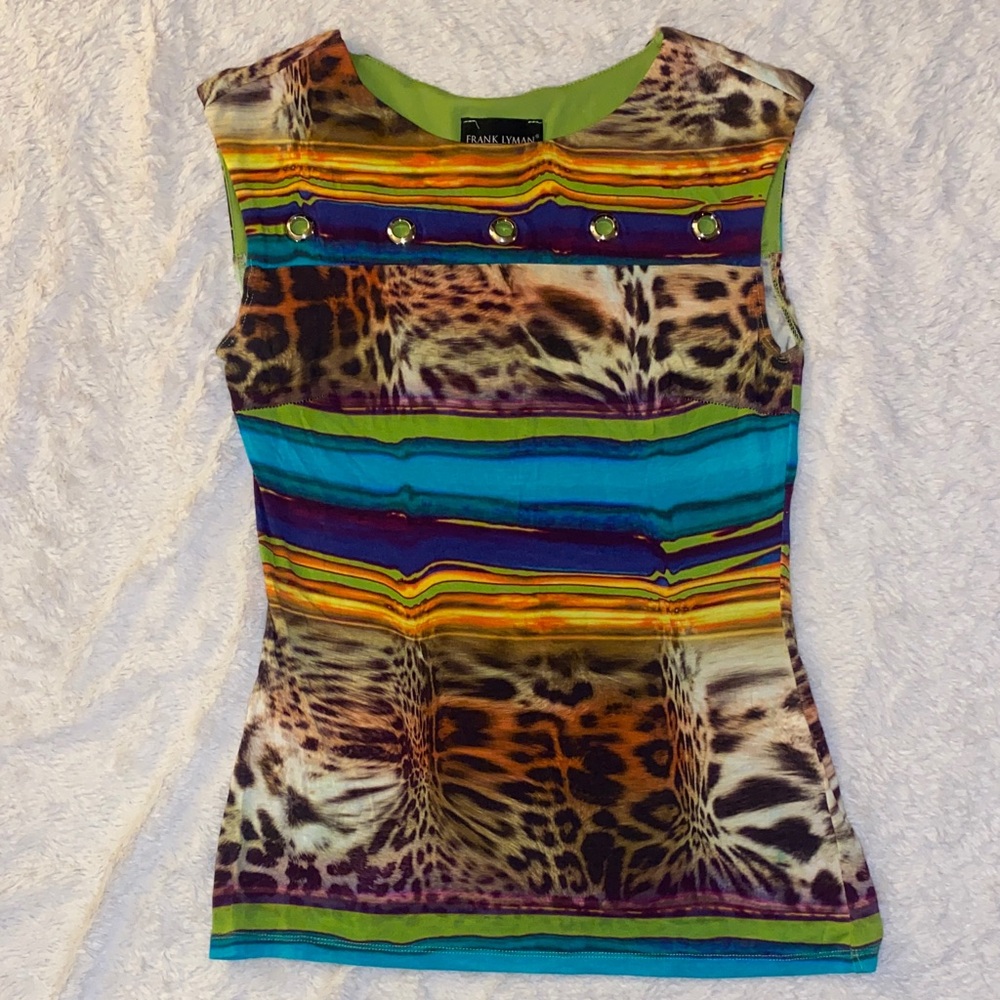 Frank Lyman Design Multicolor Animal Print Stripe Sleeveless Top with Grommets